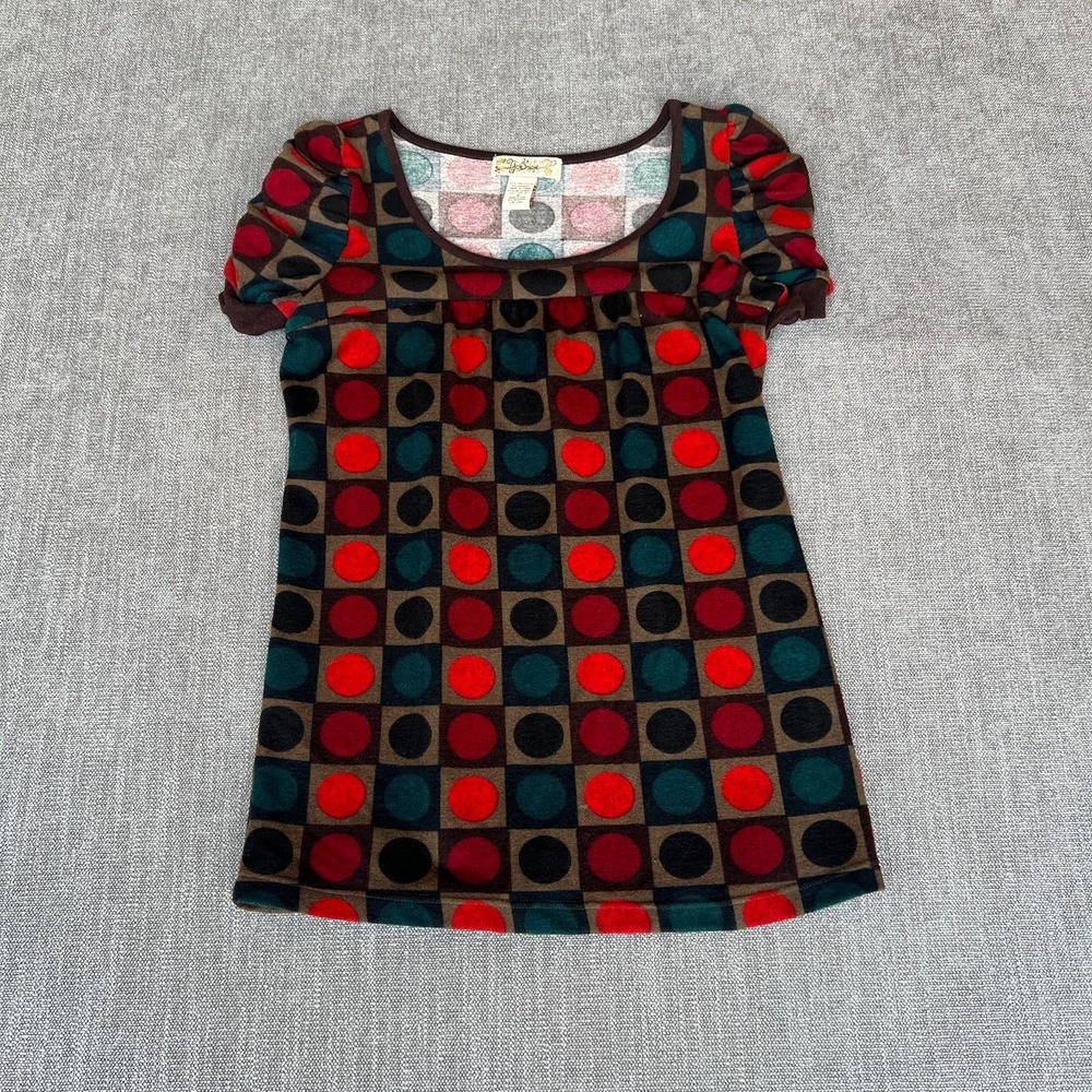 Vtg YouNique Blouse Top Women Medium Multi Polka Dot Round Neck Stretch Pullover
